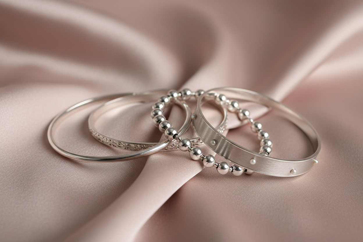 Beaux bracelets en argent sur fond nude rosé