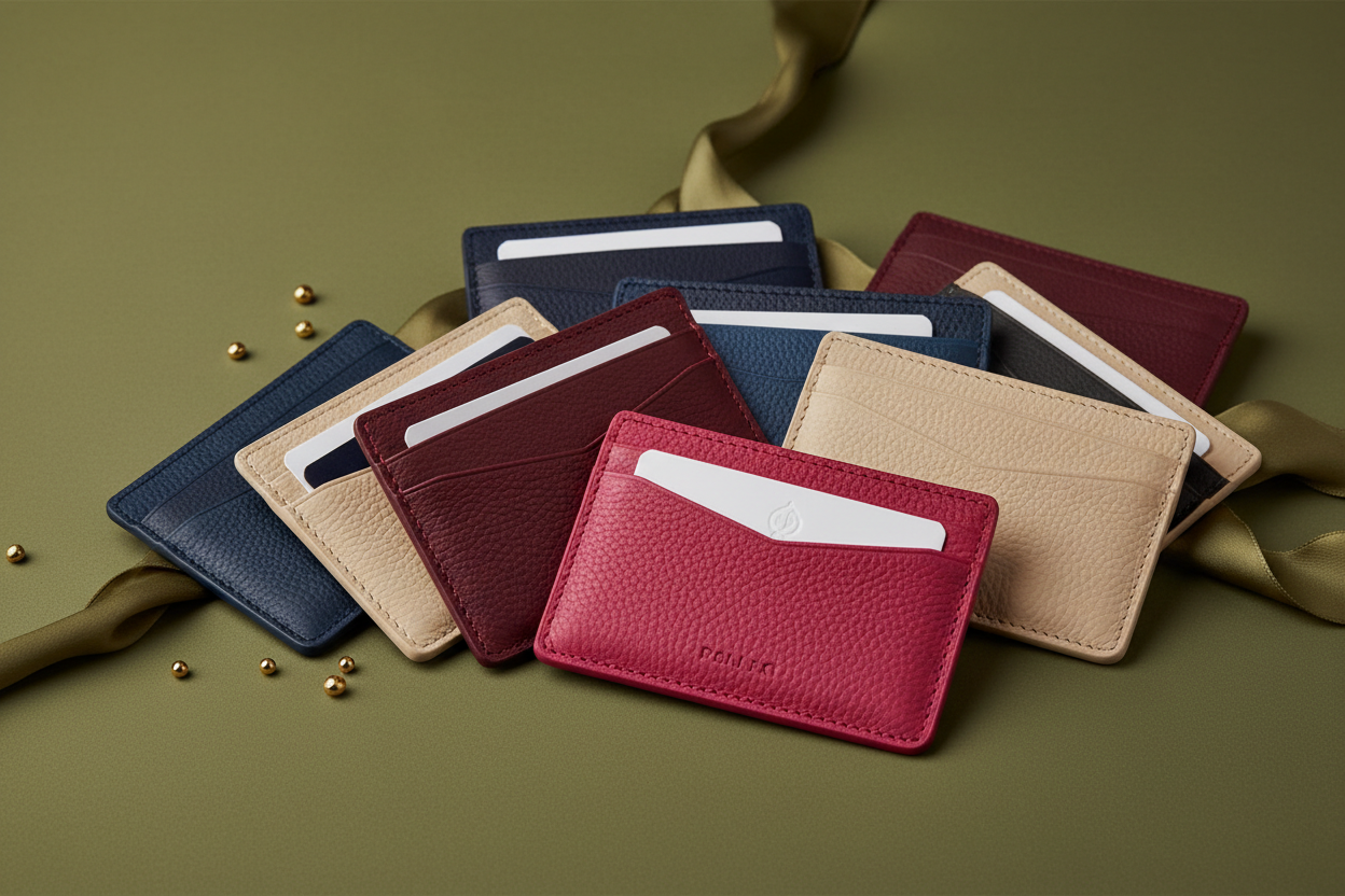 card holders en cuir, en plusieurs couleurs : rose fushia, bordeaux etc avec arrière plan en vert olive elegant