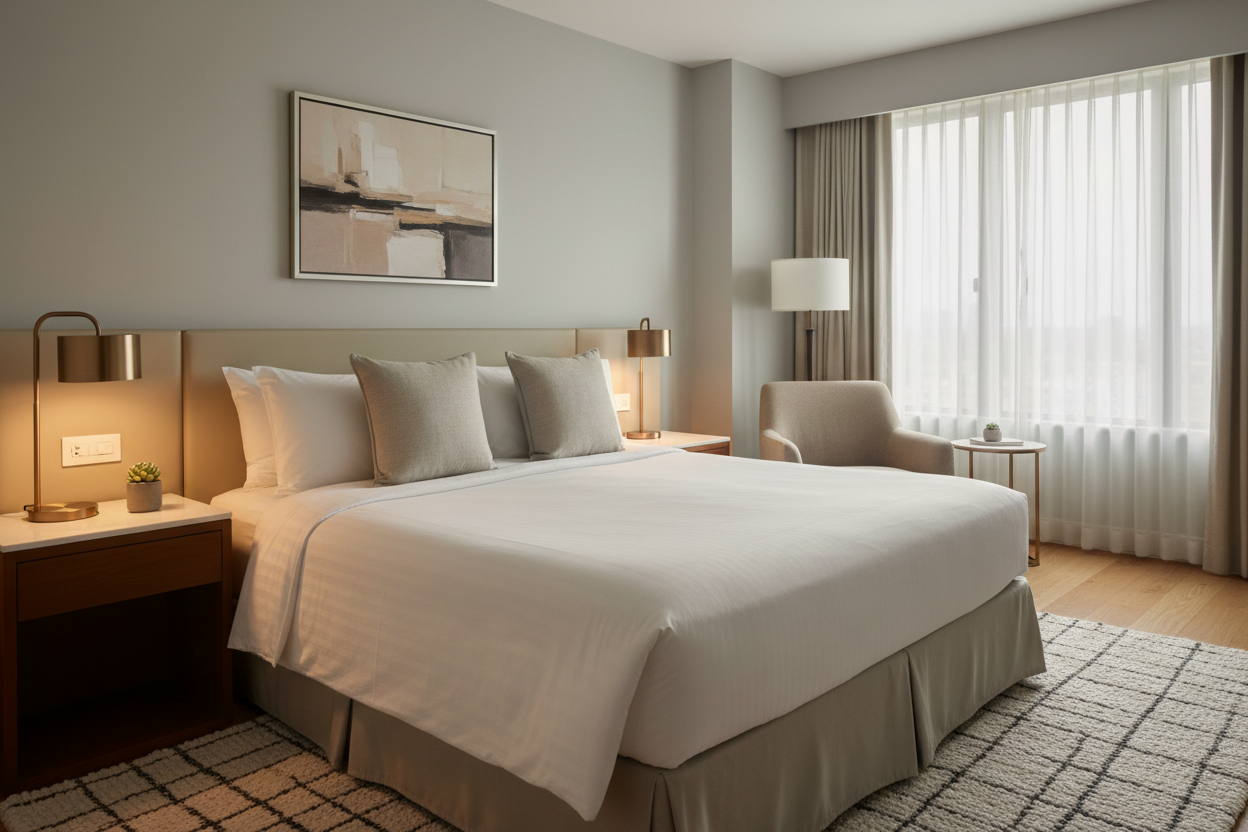 chambre d'hôtel sobre confortable et ambiancée