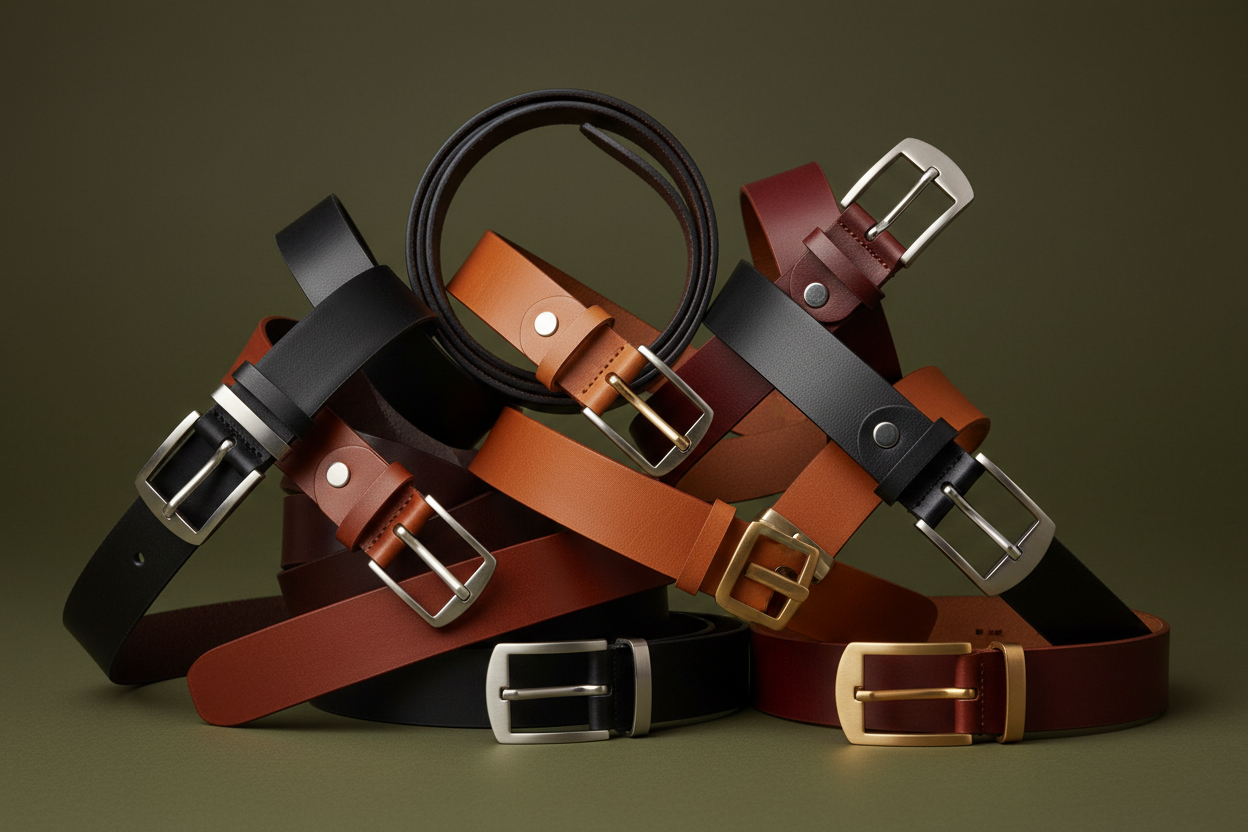 classic leather belts different colors for men and women, arrière plan en vert olive elegant