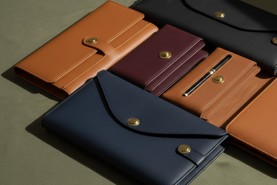 document holders en cuir en plusieurs couleurs, arrière plan vert olive elegant