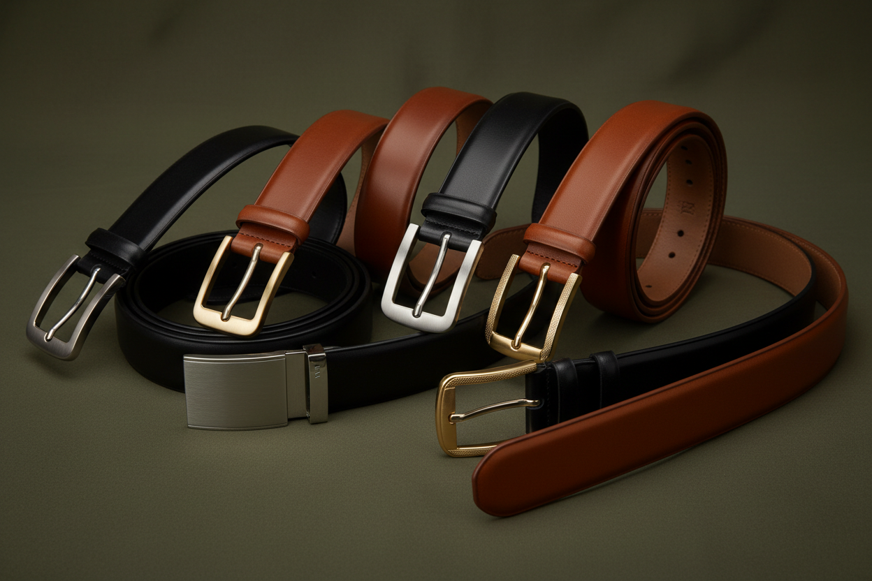formal leather belts for men and women, arrière plan vert olive elegant