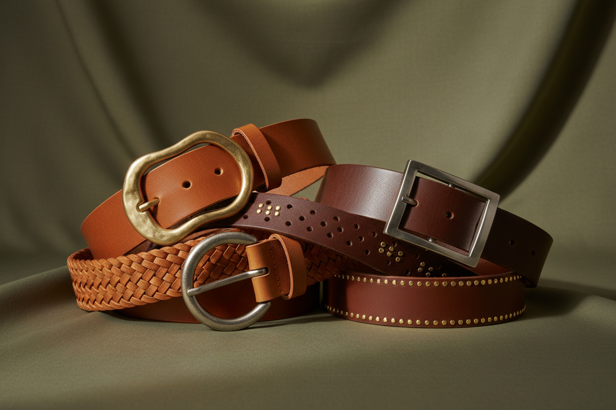 women leather belts casual and unique, arrère plan vert olive très elegant